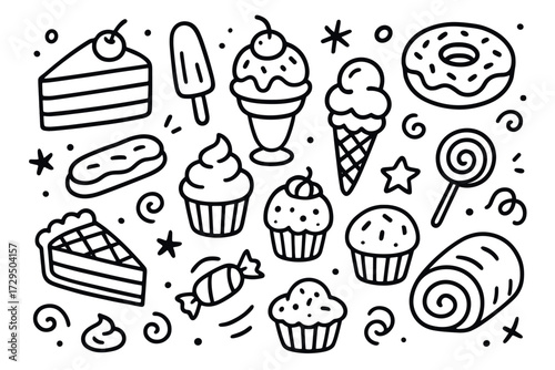Assorted desserts: ice cream, cupcakes, donuts, and candy in fun doodle style