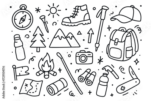 Outdoor adventure doodle: camping gear and nature elements
