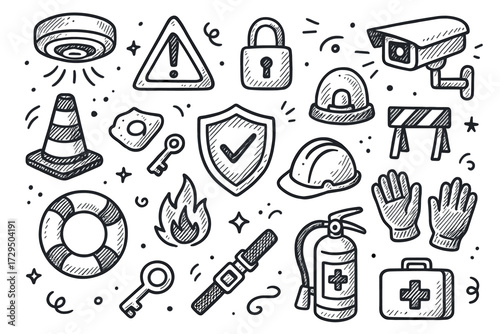 Hand-drawn safety icon set: security, protection, equipment, warning, emergency