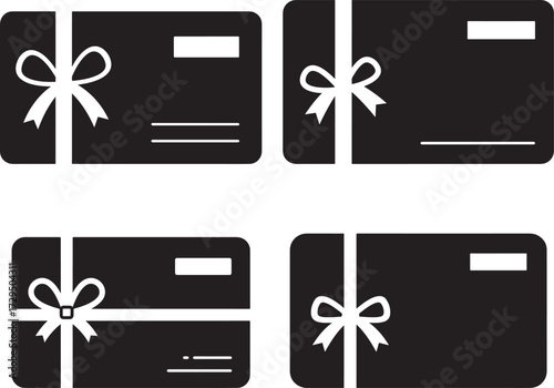 Collection of four black gift card silhouettes with ribbon and bow isolated on white background