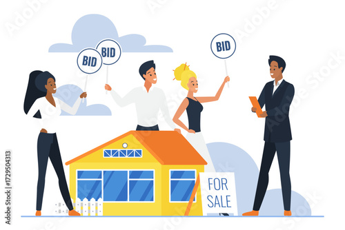 Group of diverse people holding bid signs at property auction with auctioneer and house for sale concept, real estate business and investment isolated on white background vector illustration