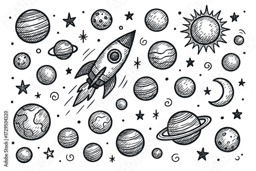 Hand-drawn space adventure with rocket and planets