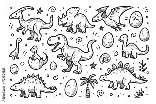 Playful dinosaur sketches with eggs and palm trees