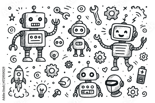 Doodle robot collection: cute and playful robot characters with gears and tools