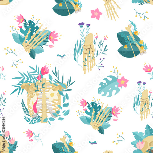 Unique seamless pattern featuring human bones and colorful flowers, perfect for creative backgrounds, textiles, or Halloween decor, modern botanical and anatomy fusion vector illustration