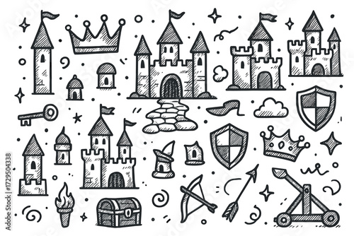 Doodle style medieval castle elements with shields and crowns
