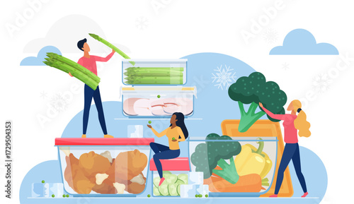 Healthy food storage concept with people arranging vegetables and meat in transparent containers for refrigeration, promoting fresh meal prep and kitchen organization vector illustration