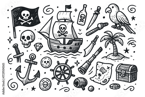 Pirate doodles: skull, ship, treasure map, parrot, pirate flag, dagger, anchor, compass