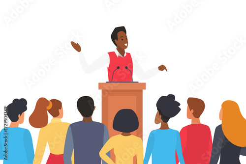 Public speaker stands at podium addressing diverse audience, conveying confidence leadership skills for business, education, or motivational purposes isolated on white background vector illustration
