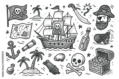 Hand-drawn pirate adventure illustrations with ship, treasure, and skull elements