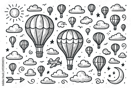 Hand-drawn hot air balloons and clouds sketch with sun and stars