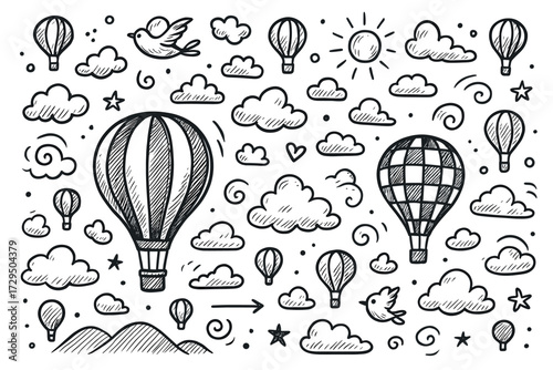 Whimsical doodle of hot air balloons, birds, and clouds with sunshine