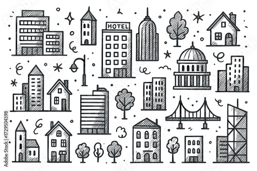 Hand-drawn cityscape with buildings, trees, and bridge elements in doodle style