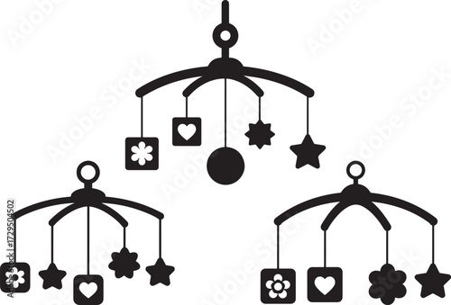 Three baby crib mobiles with various shapes hanging in silhouette isolated on white background