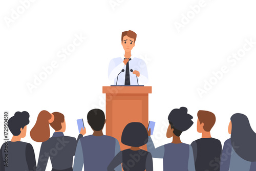 An anxious man stands at a podium facing an audience, showing insecurity and stage fright during a public speech, perfect for communication or leadership topics isolated vector illustration