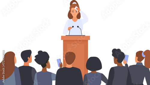 An anxious woman wipes her forehead while speaking at a podium in front of an audience, representing stage fright, public speaking anxiety, and communication challenges isolated vector illustration
