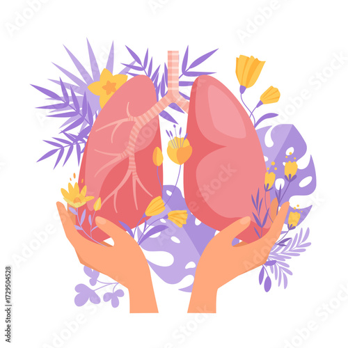 Human lungs held in caring hands surrounded by flowers and leaves symbolizing respiratory health, protection, and wellness, perfect for medical or healthcare concepts isolated vector illustration