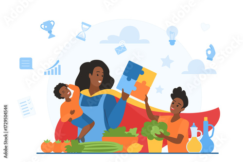 Mother as superhero with children, juggling parenting, healthy food, and multitasking, symbolizing strength, care, and family support on white background vector illustration