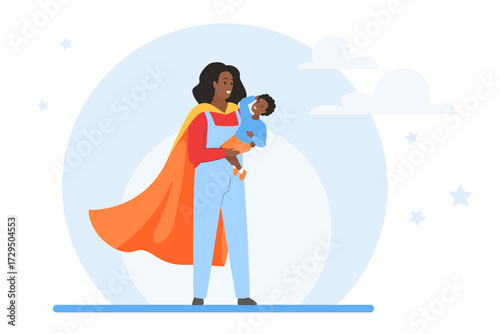 Strong mother in superhero costume holding happy child, symbolizing parental love, empowerment, and family support, perfect for parenting, hero mom, and family concepts vector illustration