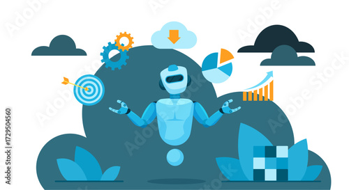 Futuristic chatbot robot juggling analytics, productivity, and automation symbols for business, technology, and artificial intelligence solutions on white background vector illustration