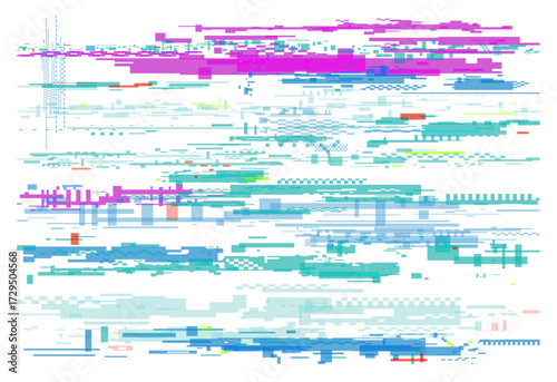 Abstract neon glitch effect with vibrant pixel distortion and digital noise perfect for tech backgrounds, cyberpunk themes, or modern graphic design projects vector illustration