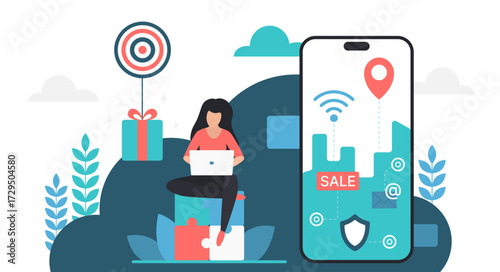 Modern online shopping concept with woman using laptop, smartphone sale notification, digital marketing, and gift box for ecommerce, retail, and internet business vector illustration