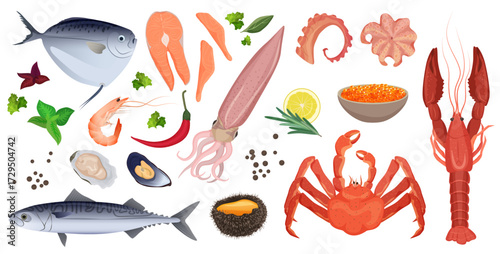 Seafood collection with fish, crab, lobster, shrimp, squid, caviar, oyster, mussel, herbs, and lemon for menu, recipe, or culinary design isolated on white background vector illustration