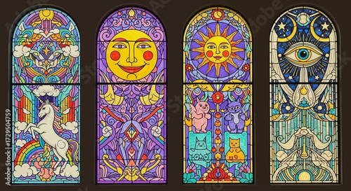 Vibrant Stained Glass Windows Featuring Whimsical Designs of Celestial Bodies Mythical Creatures and Geometric Patterns