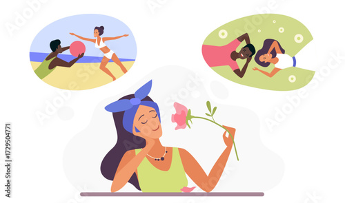 Young woman daydreams about joyful summer moments, playing on the beach and relaxing with friends, perfect for concepts of nostalgia, happiness, and leisure vector illustration