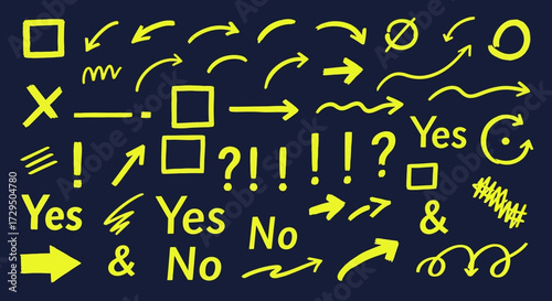 Collection of Yellow Hand Drawn Arrows Checkboxes Question Marks and Symbols on Dark Blue Background