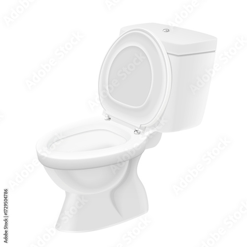 Realistic white toilet bowl with open lid perfect for bathroom design, plumbing services, cleaning ads, or hygiene concepts isolated on white background vector illustration