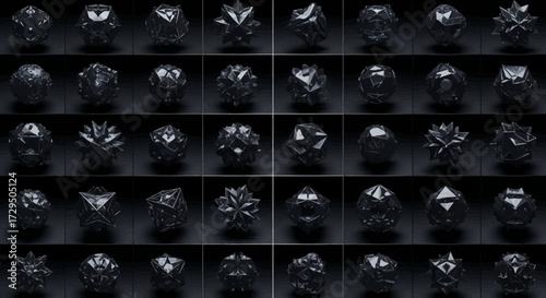 An Abstract Collection of Dark Geometric Shapes With Faceted Surfaces and Reflective Textures