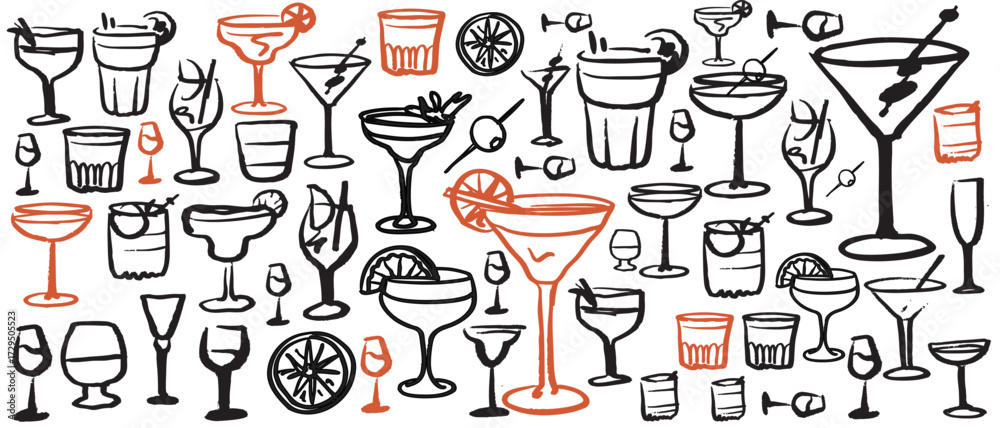 Obraz premium Isolated vector set of wine and alcoholic beverage glasses and tumblers. Hand drawn sketch.Red and black drawing on white background.Cocktails, martini, whiskey, cognac, vodka, gin tonic, beer, brandy