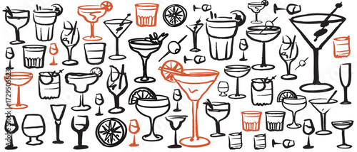 Isolated vector set of wine and alcoholic beverage glasses and tumblers. Hand drawn sketch.Red and black drawing on white background.Cocktails, martini, whiskey, cognac, vodka, gin tonic, beer, brandy