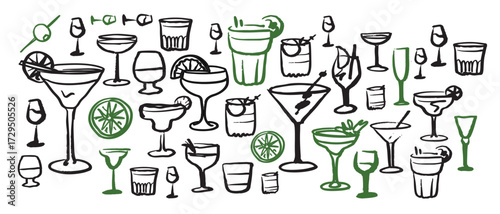 Isolated vector set of wine and alcoholic beverage glasses and tumblers. Hand drawn sketch.Red and black drawing on white background.Cocktails, martini, whiskey, cognac, vodka, gin tonic, beer, brandy