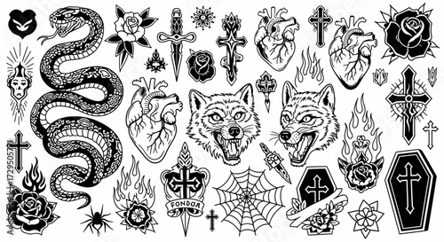 Gothic Collection Featuring Snakes Wolves Hearts Roses Crosses Daggers Cobwebs Coffins Spiders and Flames