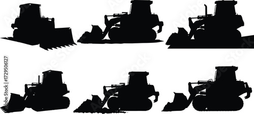 Bulldozer silhouette set, construction vehicle, front blade, heavy machinery, caterpillar