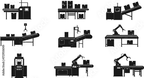 Automation process illustrations, robotic arms, packaging machinery, conveyor system, industrial workflow, control room, box handling, mechanical equipment, factory icons,
