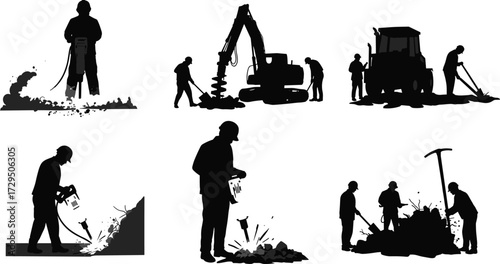 Construction worker silhouettes, jackhammer action, heavy machinery, black graphic, excavation scene, rubble breaking, industrial labor, red tool highlight, pickaxe use, shovel work