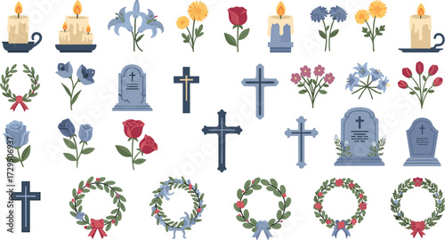 Vector illustration of funeral and memorial elements: tombstones, crosses, flowers, candles, and wreaths on transparent background