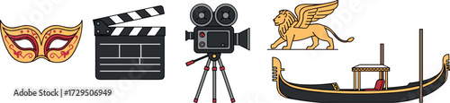 Illustrations of a carnival mask, clapperboard, film camera, winged lion, and gondola on transparent background
