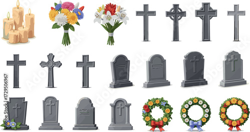Collection of funeral and memorial elements: candles, flowers, crosses, tombstones, and wreaths on transparent background