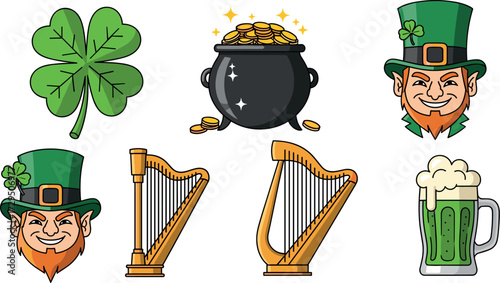 St. patrick's day cartoon icons: shamrock, pot of gold, leprechauns, harps, and green beer on transparent background