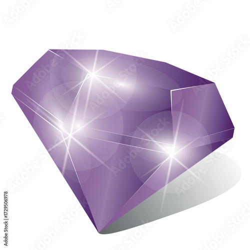 Lilac Amethyst, a bright gemstone. Isolated vector drawing on a transparent background with shadow. A three-dimensional stone with highlights and shadows.