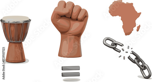 Black awareness day image with drum, raised fist, africa continent, and broken chains on transparent background
