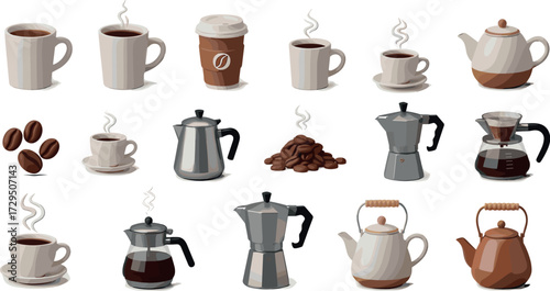 Collection of coffee cups, beans, and coffee pots on white background on transparent background