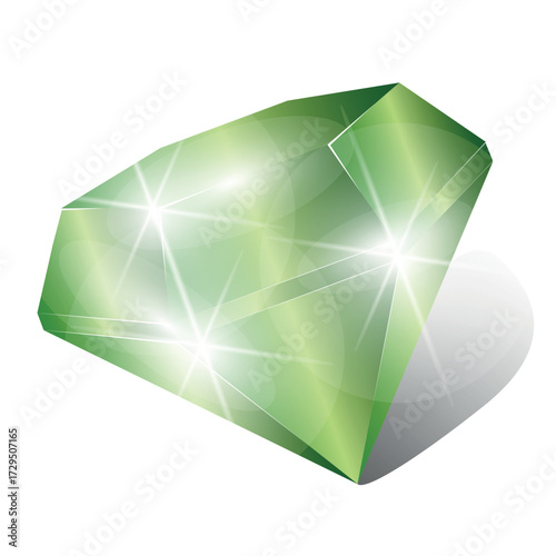 An emerald, a green gemstone. Isolated vector drawing on a transparent background with shadow. A three-dimensional stone with highlights and shadows.