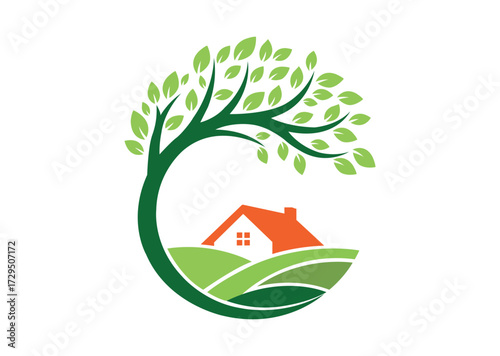 Green tree embracing a house on rolling hills, symbolizing ecofriendly living and nature