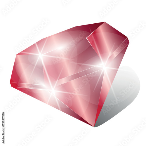 Red Ruby, a bright gemstone. Isolated vector drawing on a transparent background with shadow. A three-dimensional stone with highlights and shadows.