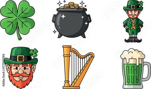 St. patrick's day cartoon icons: shamrock, pot of gold, leprechauns, harp, and green beer on transparent background